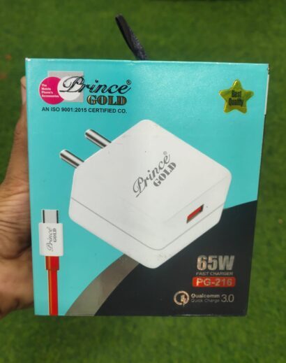 This is a Prince Gold 65W fast charger with Qualcomm Quick Charge 3.0 technology.